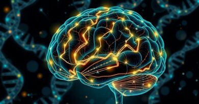 Świecący mózg spleciony z DNA, symbolizujący postęp sztucznej inteligencji w biomedycynie (Biomni-R0).