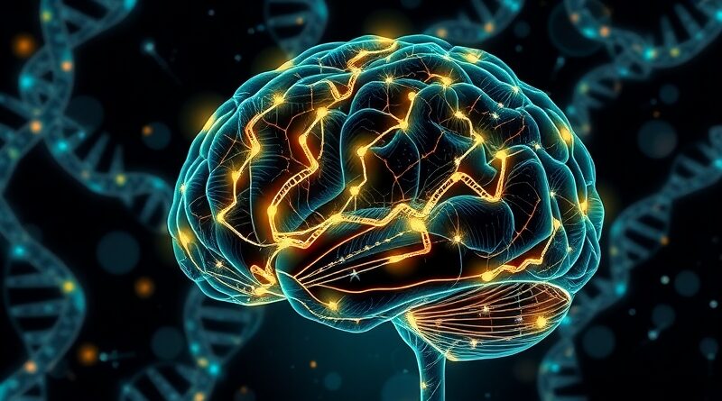 Świecący mózg spleciony z DNA, symbolizujący postęp sztucznej inteligencji w biomedycynie (Biomni-R0).