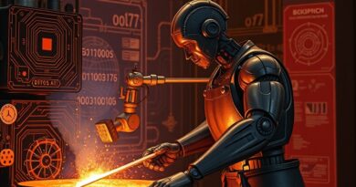 Abstrakcyjna kuźnia kodu: kapiący, rozżarzony kod binarny kształtowany roboticznym ramieniem, iskry, cyfrowe plany.