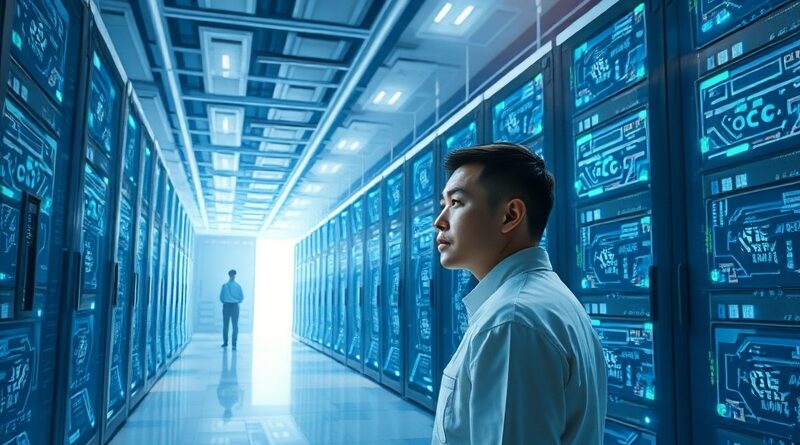 Futurystyczne centrum danych w Azji, chłodzone cieczą, z technikiem monitorującym systemy AI.