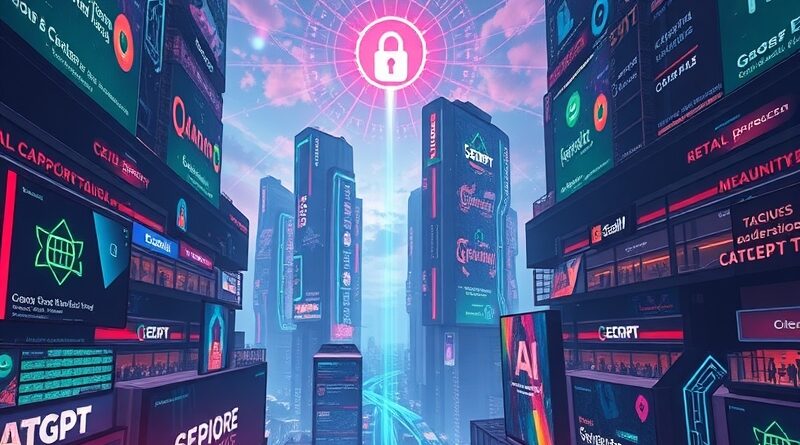 Surrealistyczna panorama miasta z generatywną AI w retail, strach przed wyciekiem danych.