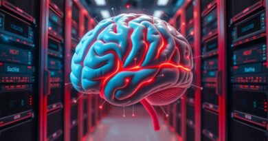 Mózg AI spleciony z serwerami, symbolizujący integrację AI z VMware i związane z tym wyzwania.