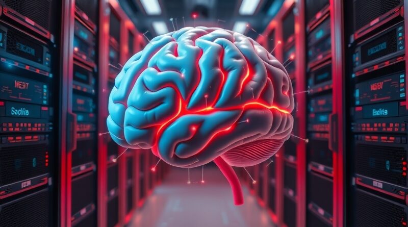Mózg AI spleciony z serwerami, symbolizujący integrację AI z VMware i związane z tym wyzwania.