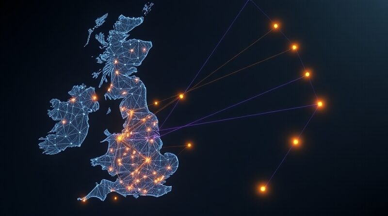 Sieć neuronowa symbolizująca rozwój brytyjskiego AI, jasne węzły wokół Londynu, subtelna kruchość postępu.
