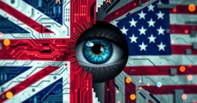 Połamane flagi USA i W. Brytanii z obwodów, oko odbijające kody i symbole etyki AI.