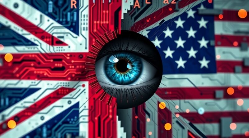 Połamane flagi USA i W. Brytanii z obwodów, oko odbijające kody i symbole etyki AI.