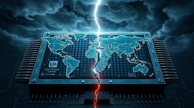 Pęknięty chip ujawnia mapę USA i Chin, burza symbolizuje napięcia geopolityczne.