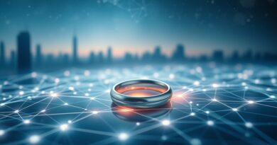 Pierścień Oura na tle sieci danych i panoramy miasta, symbolizujący prywatność i technologię.