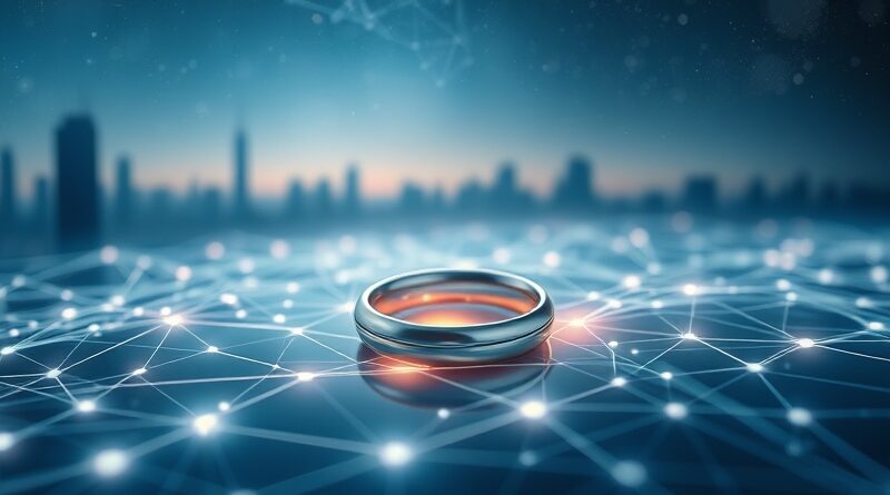 Pierścień Oura na tle sieci danych i panoramy miasta, symbolizujący prywatność i technologię.
