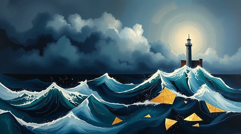 Burzliwe morze, samotna latarnia, odłamki złota. Abstrakcja symbolizuje odejścia z xAI i niepewną przyszłość firmy Muska.