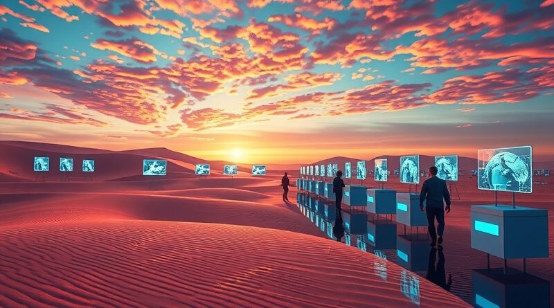 Futurystyczne laboratorium AI, holograficzne postacie, ekrany z krótkimi filmami, syntetyczny pustynny miraż.