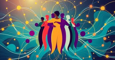 Abstrakcyjna sieć stylizowanych postaci na tle strumieni danych, symbolizuje inkluzywność i demokratyzację AI.