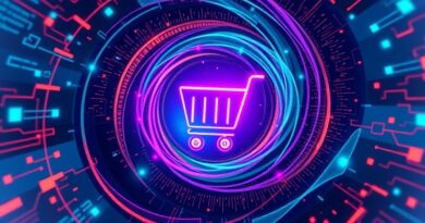 Wirus danych zbiegający się w koszyk, abstrakcyjna ilustracja AI e-commerce, neon, zakupy w chatbocie ChatGPT.