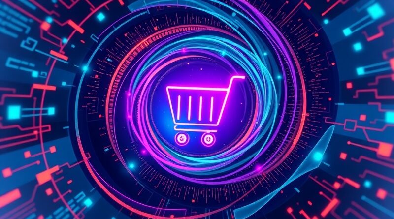 Wirus danych zbiegający się w koszyk, abstrakcyjna ilustracja AI e-commerce, neon, zakupy w chatbocie ChatGPT.