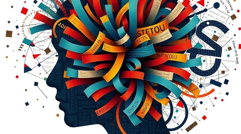 Wielojęzyczny wir tekstu formujący sylwetkę głowy, z geometrycznymi wzorami, reprezentujący syntezę mowy Chatterbox Multilingual.