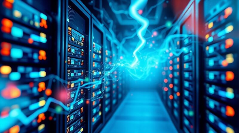 Strumienie danych między serwerami, symbolizujące szybki transfer wiedzy i technologię Checkpoint-Engine.