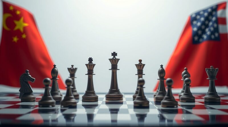 Szachownica z chipów zamiast figur, w barwach flag Chin i USA, symbol wojny handlowej.