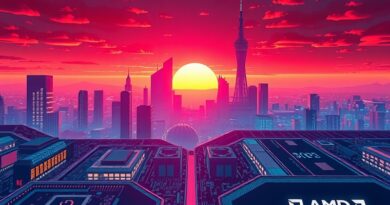 Miasto z obwodów drukowanych w barwach AMD i Cohere, symbolizujące partnerstwo i innowacje w AI.