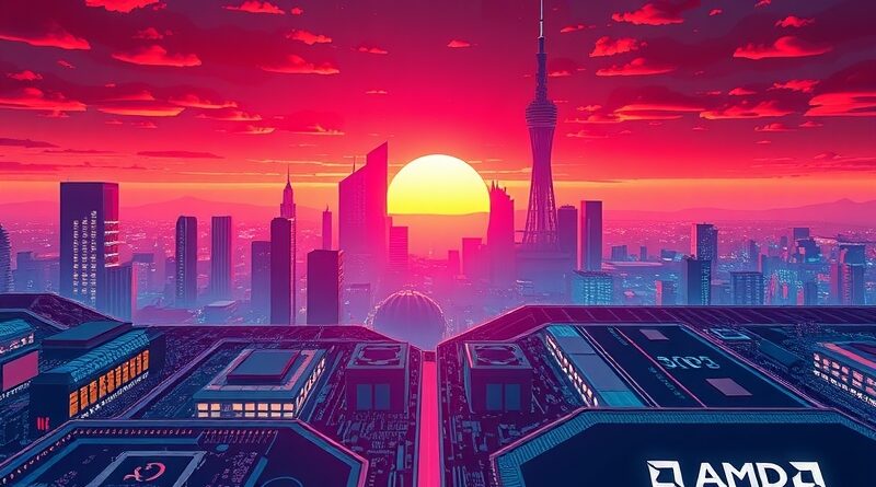 Miasto z obwodów drukowanych w barwach AMD i Cohere, symbolizujące partnerstwo i innowacje w AI.