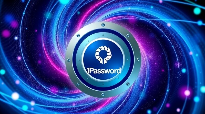 Abstrakcyjna galaktyka danych spływa do sejfu 1Password. Bezpieczeństwo AI w cyberprzestrzeni.