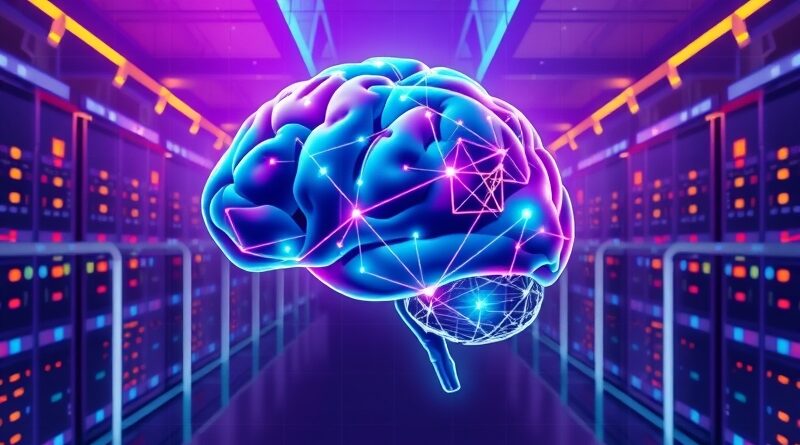 Abstrakcyjna wizja uczenia agenta AI w chmurze CoreWeave: mózg danych, algorytmy, futurystyczna sieć.