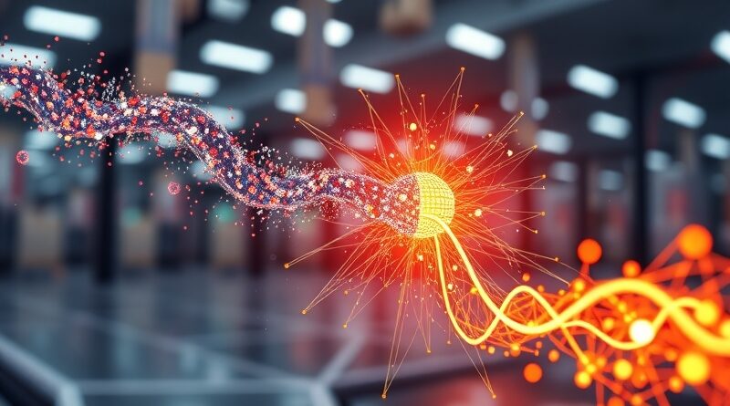 Abstrakcyjny strumień danych zasila futurystyczny rdzeń sieci neuronowej, symbolizując przetwarzanie danych AI w czasie rzeczywistym.