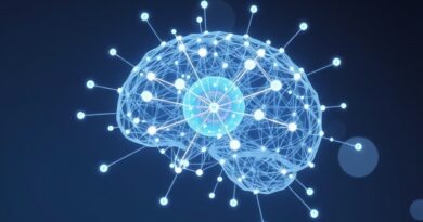 Eteryczna sieć świetlna, mózg z warstw agentów AI, przepływ informacji, nadzór centralny.