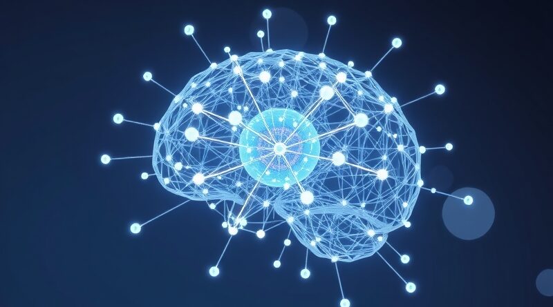 Eteryczna sieć świetlna, mózg z warstw agentów AI, przepływ informacji, nadzór centralny.