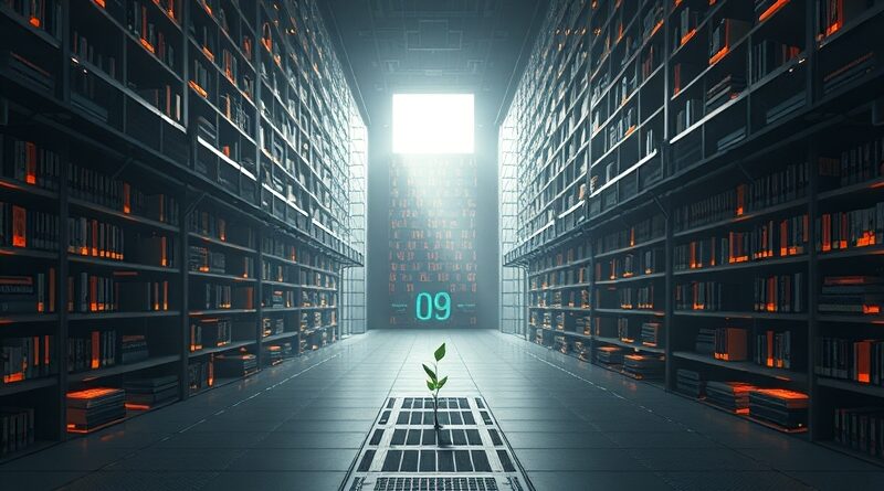 { "alt_text": "Kiełkująca roślina w labiryncie serwerów symbolizuje innowacje AI walczące z dominacją Big Tech." }