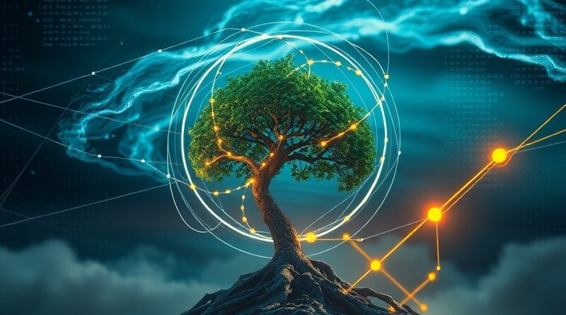 Kula z neuronów otacza usychające drzewo, w tle cyfrowy wir klimatycznego chaosu.