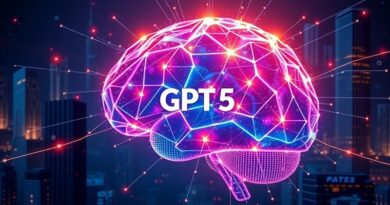 Świecąca nebula w kształcie mózgu z logo GPT-5, symbolizująca integrację AI w biznesie.