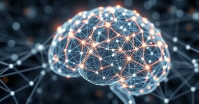 Cyfrowy mózg z neuronowymi sieciami, podświetlone węzły rzadkiej atencji, symbolizujące inteligencję i innowacyjność modelu językowego DeepSeek V3.2-Exp.