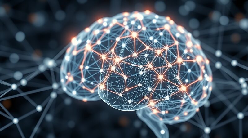 Cyfrowy mózg z neuronowymi sieciami, podświetlone węzły rzadkiej atencji, symbolizujące inteligencję i innowacyjność modelu językowego DeepSeek V3.2-Exp.