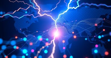 Uderzenie pioruna w globalną sieć komunikacji, symbolizujące szybkość i moc AI w generowaniu głosu.