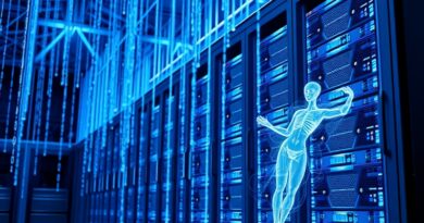 Futurystyczny serwer z binarnym kodem, eteryczny agent AI, ochrona danych i zaawansowana technologia.