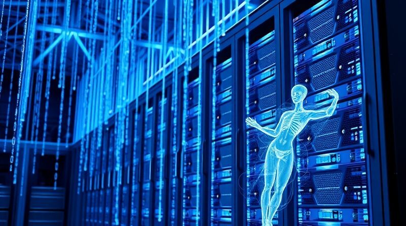 Futurystyczny serwer z binarnym kodem, eteryczny agent AI, ochrona danych i zaawansowana technologia.