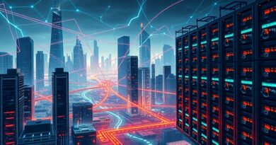 Futurystyczny krajobraz miasta spleciony z neuronowymi sieciami, strumieniami danych i serwerami AI.