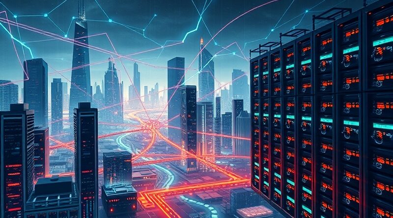 Futurystyczny krajobraz miasta spleciony z neuronowymi sieciami, strumieniami danych i serwerami AI.