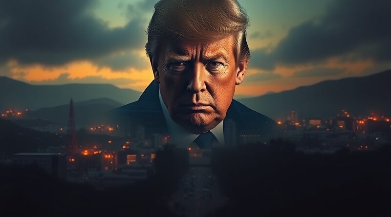 Mroczny portret Doliny Krzemowej w cieniu zniekształconej twarzy Trumpa. Niejasne budynki, obwody, moralny kompromis.