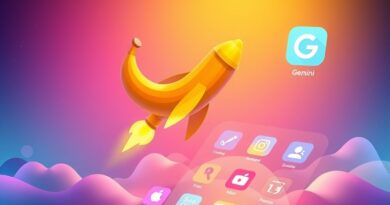 Banana przekształcająca się w rakietę w App Store z ikoną Gemini; grafika ilustrująca dominację Gemini.