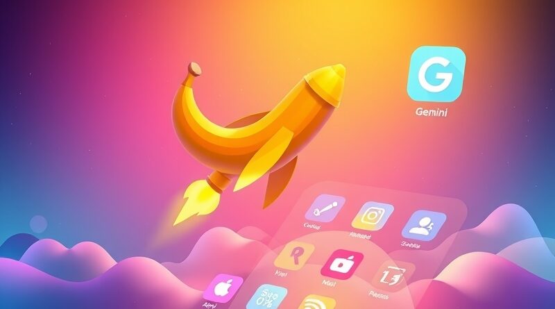Banana przekształcająca się w rakietę w App Store z ikoną Gemini; grafika ilustrująca dominację Gemini.