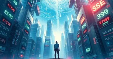 Surrealistyczny pejzaż miejski z cen i cyfr, symbolizujący wpływ AI na dynamiczne ceny.