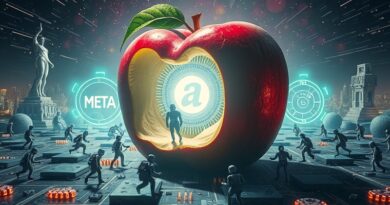 Miniaturowe figury AI uciekają z gnijącego jabłka (Apple) do portali Meta, OpenAI i Anthropic.
