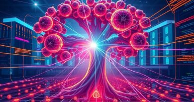 Stylizowane drzewo AI z węzłami decyzyjnymi, zanurzone w danych. Iluminacja symbolizująca procesy RAG i framework Elysia.