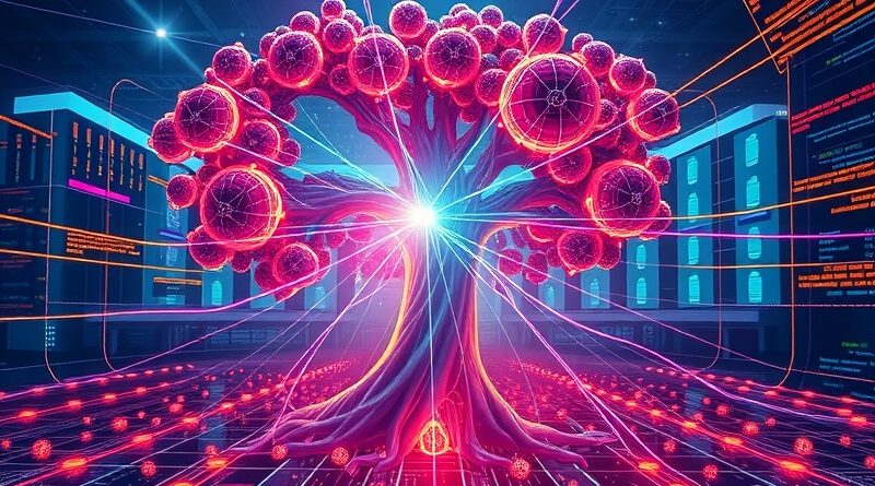 Stylizowane drzewo AI z węzłami decyzyjnymi, zanurzone w danych. Iluminacja symbolizująca procesy RAG i framework Elysia.