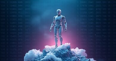 Humanoidalny robot wyłania się z chmury kodu binarnego na tle fioletowo-niebieskiego gradientu, symbolizując przejście AI do fizycznej formy.