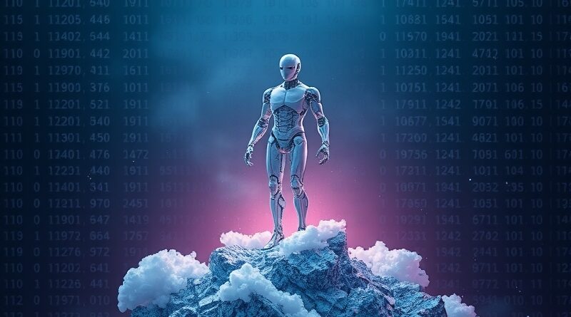 Humanoidalny robot wyłania się z chmury kodu binarnego na tle fioletowo-niebieskiego gradientu, symbolizując przejście AI do fizycznej formy.