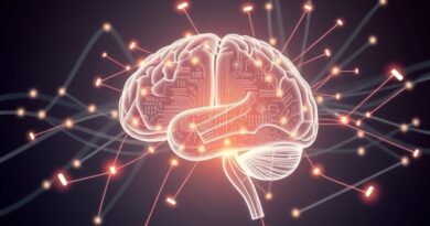 Abstrakcyjna wizja kodu wyłaniającego się z mózgu. Lśniące ścieżki, interfejs, pastelowe kolory, neon.