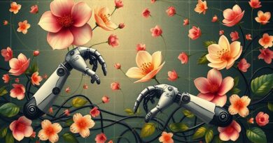 Splątane robotyczne ramiona z obwodami i kwitnącą florą, symbolizujące rozkwit robotyki wspieranej AI.