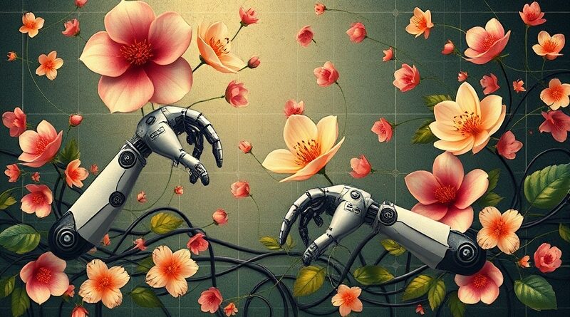 Splątane robotyczne ramiona z obwodami i kwitnącą florą, symbolizujące rozkwit robotyki wspieranej AI.